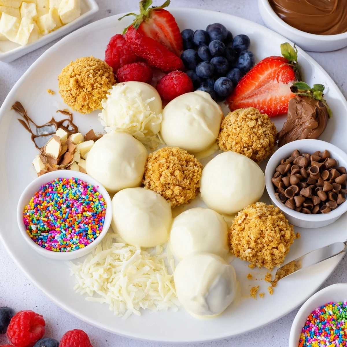 Deconstructed dessert board featuring creamy cheesecake bites with colorful fruit toppings.  