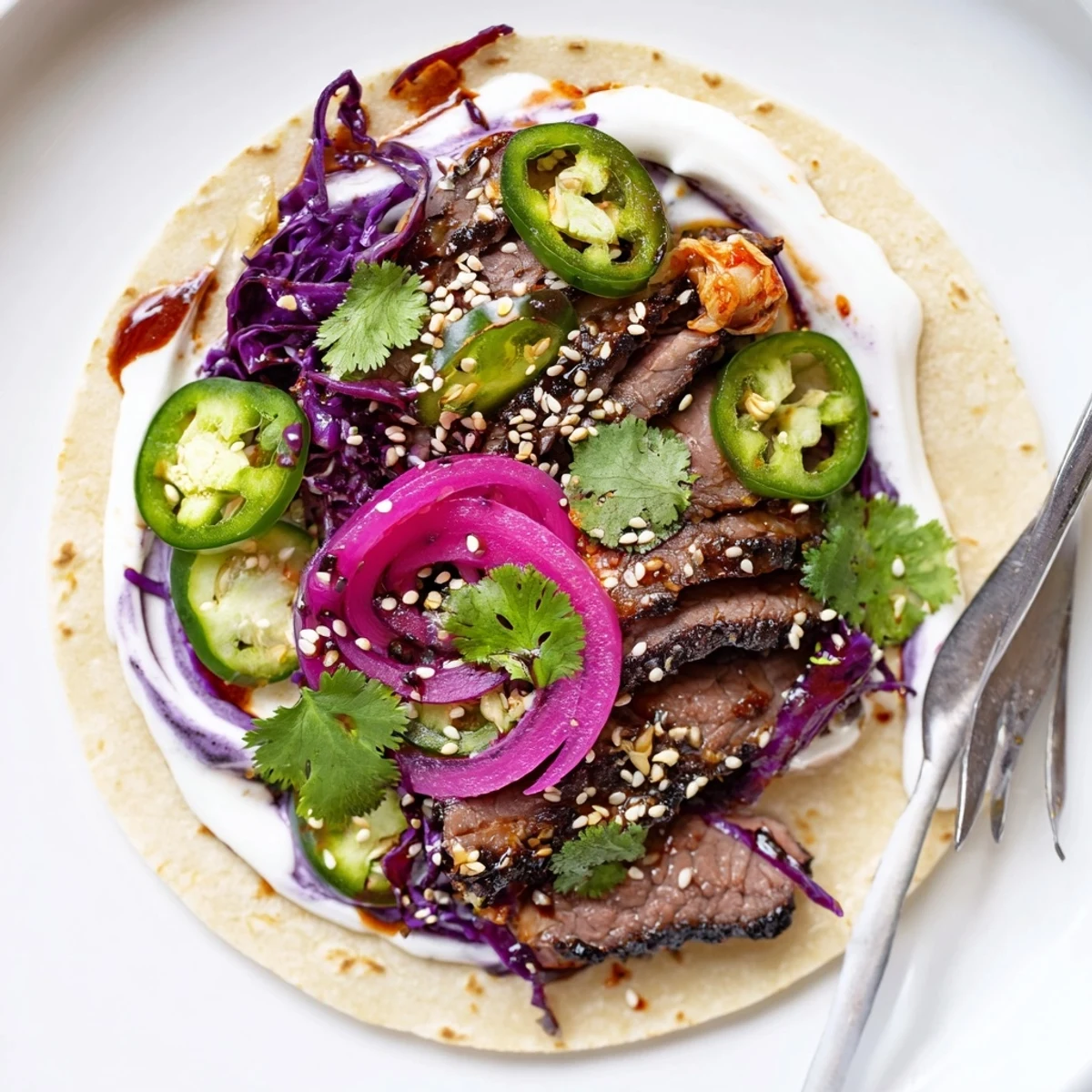 Savor the deliciousness of Global Street-Food Fusion Tacos topped with colorful ube crema.  
