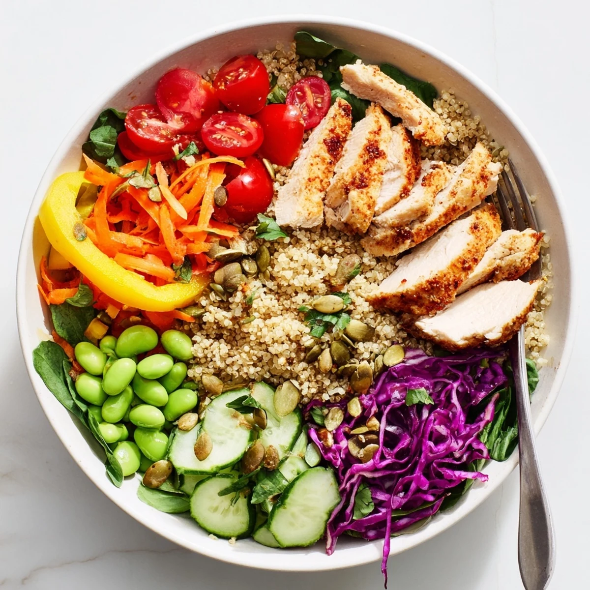 Colorful Healthy Meal-Prep Bowls with chicken and vibrant veggies for nutritious eating.  