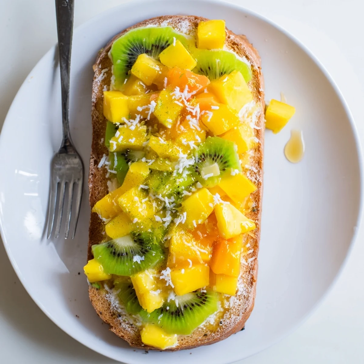 Creamy Yogurt-Custard Toast topped with fresh tropical fruits, perfect for brunch.