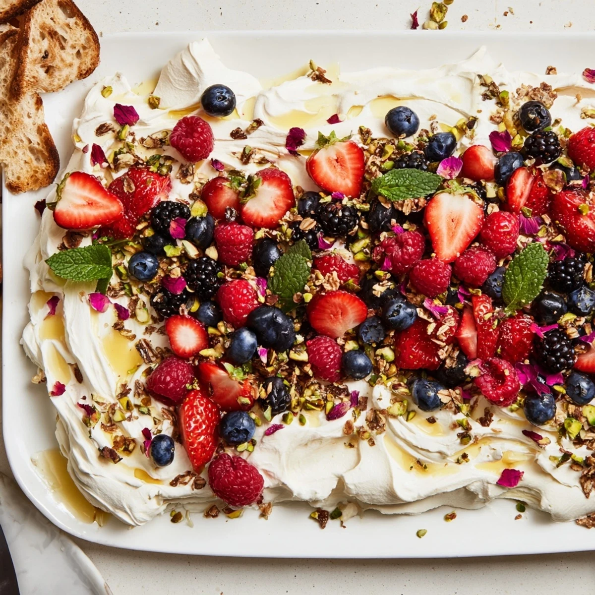 Whipped cream cheese on a platter, adorned with fruits and sweet surprises.  