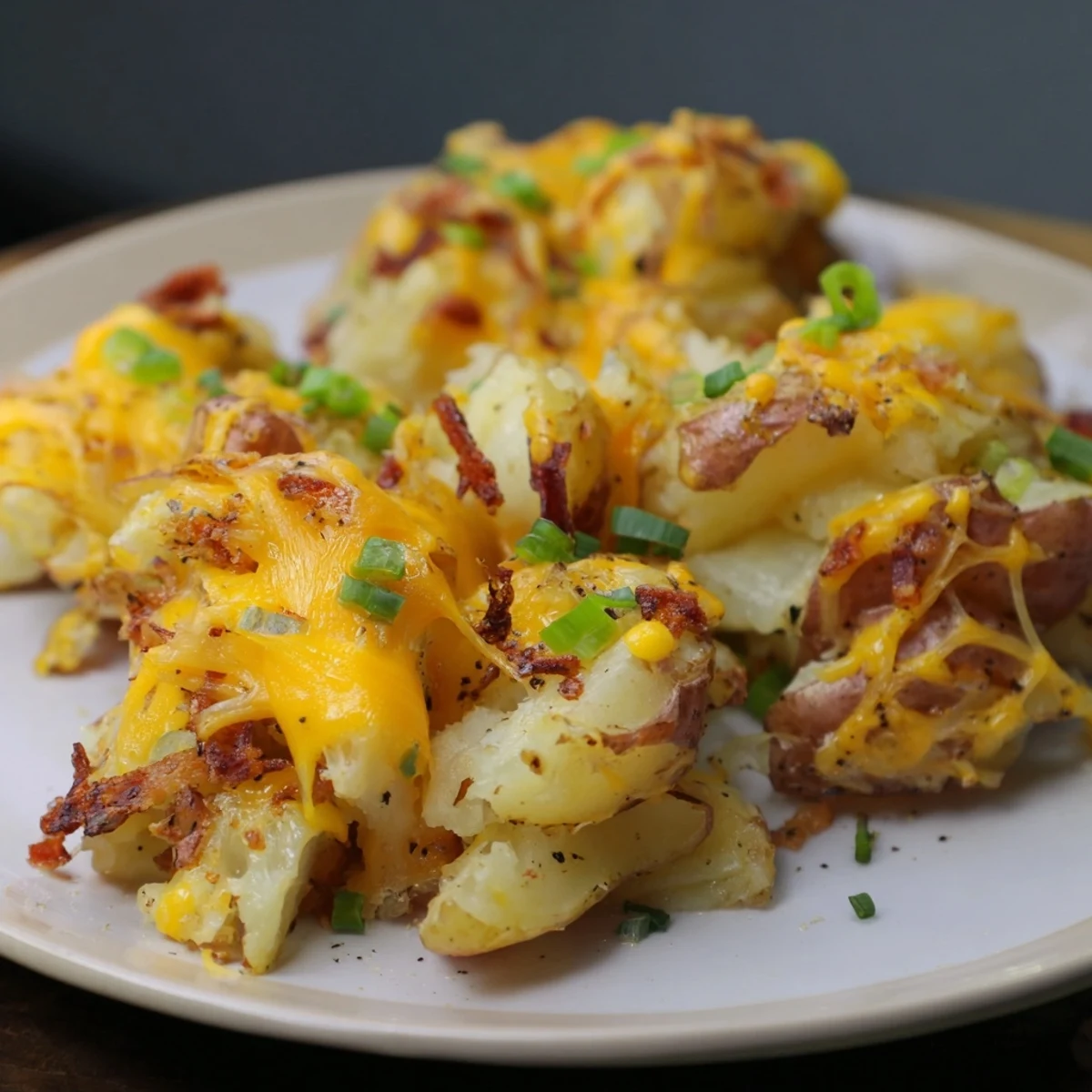 Crispy Smashed Green Onion Potato Bombs topped with melted cheese and fresh herbs.