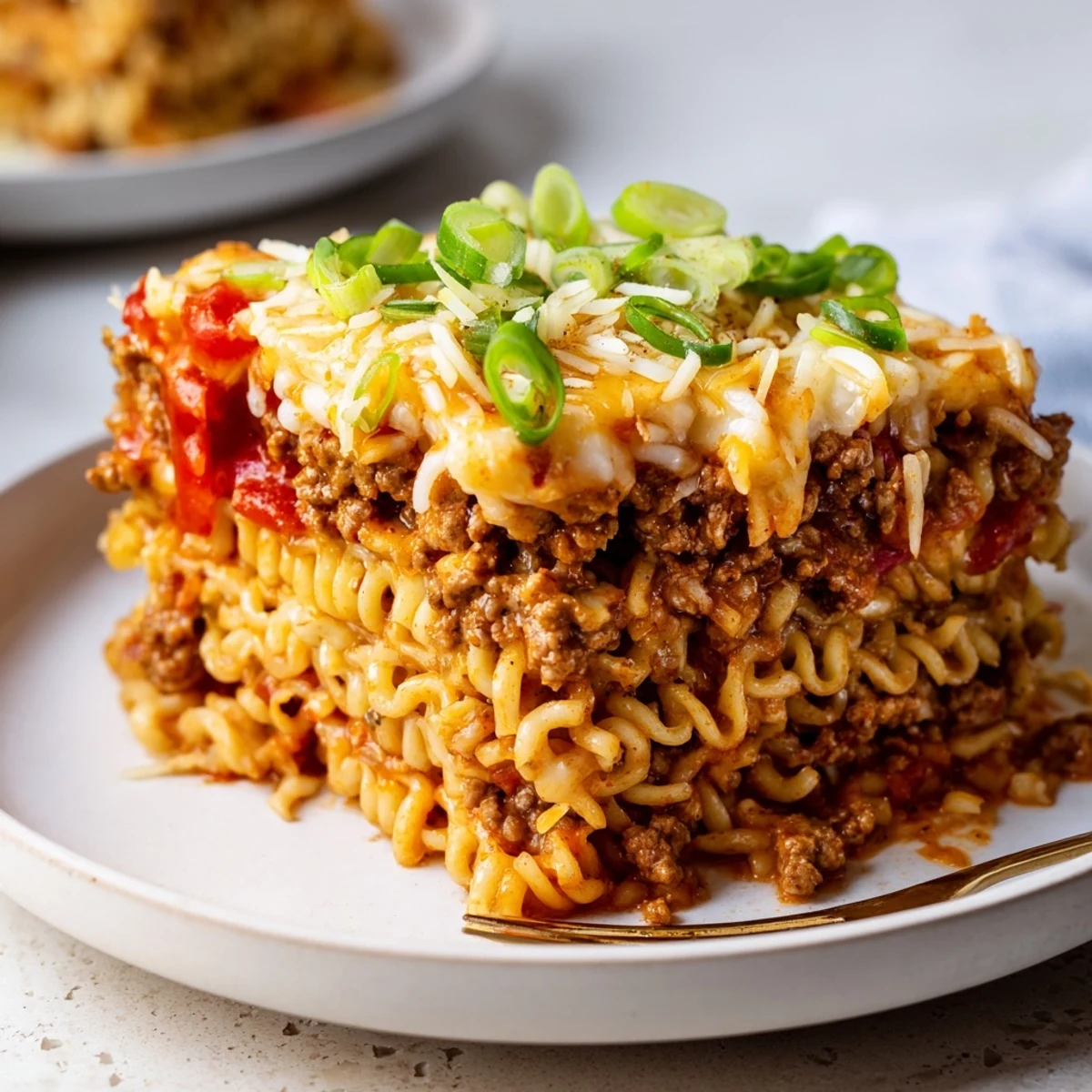 Layers of spicy ramen lasagna with cheese, pork, and vibrant tomato sauce.  