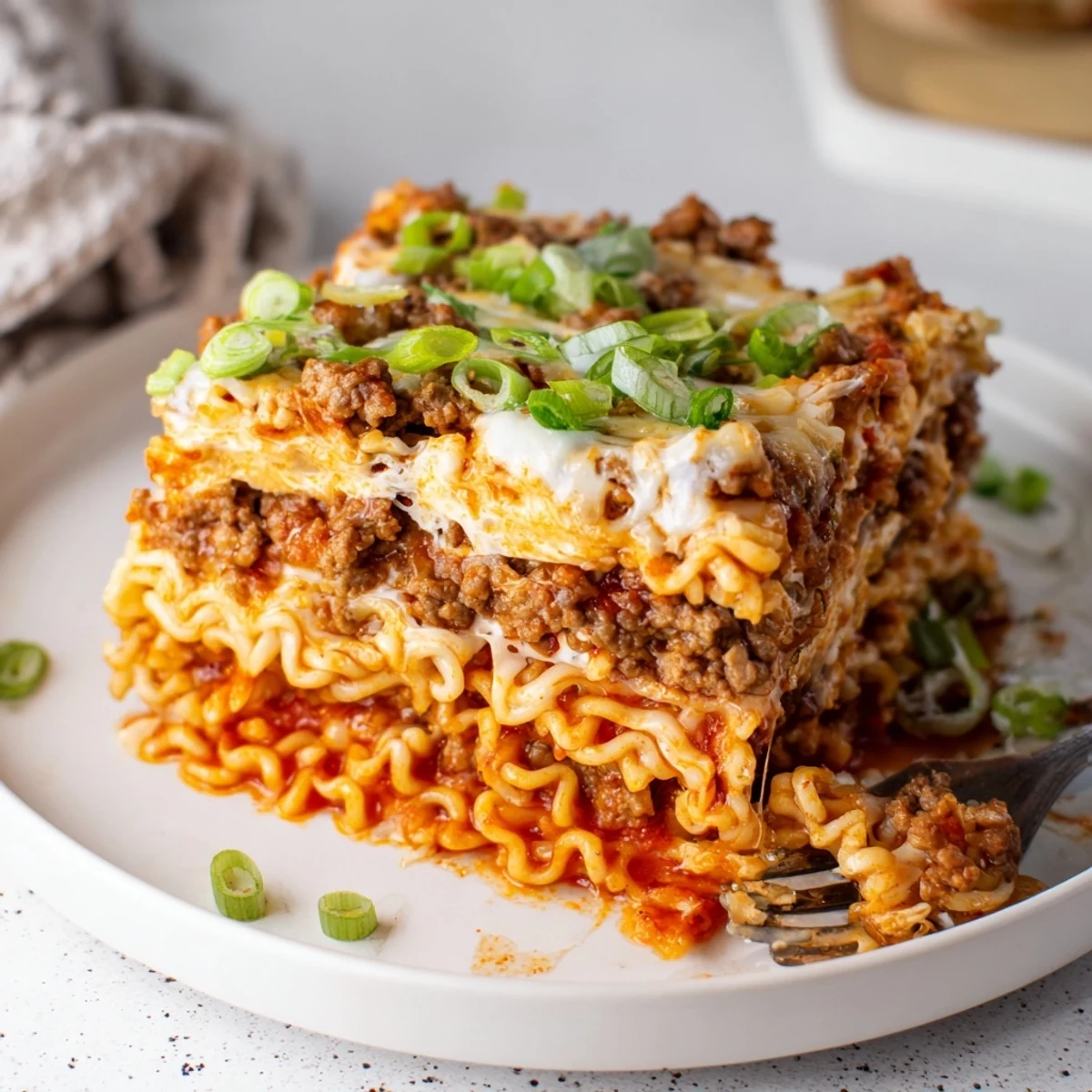 Comforting spicy ramen lasagna fresh from the oven, bubbling with melted cheese.  