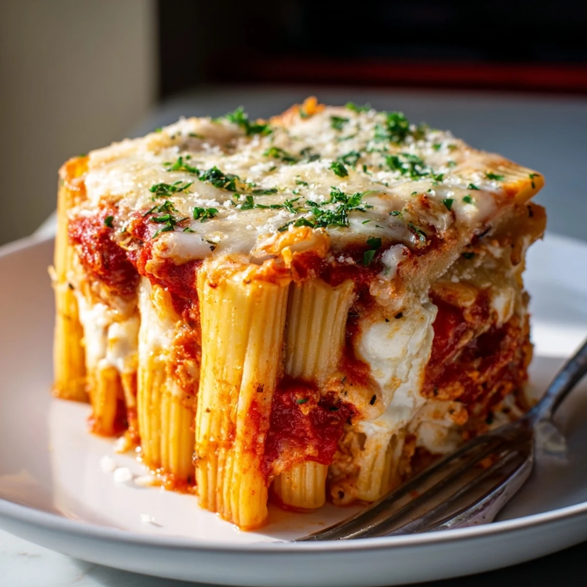 Delicious Honeycomb Pasta Cake with gooey cheese and rich tomato sauce topping.  