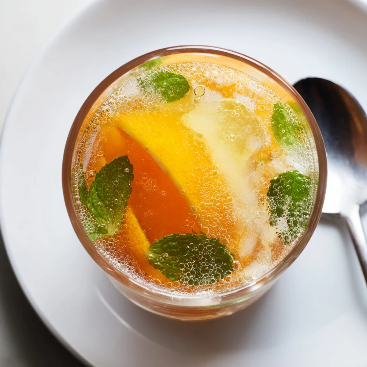 Refreshing probiotic soda mocktail garnished with mint and orange slices.  