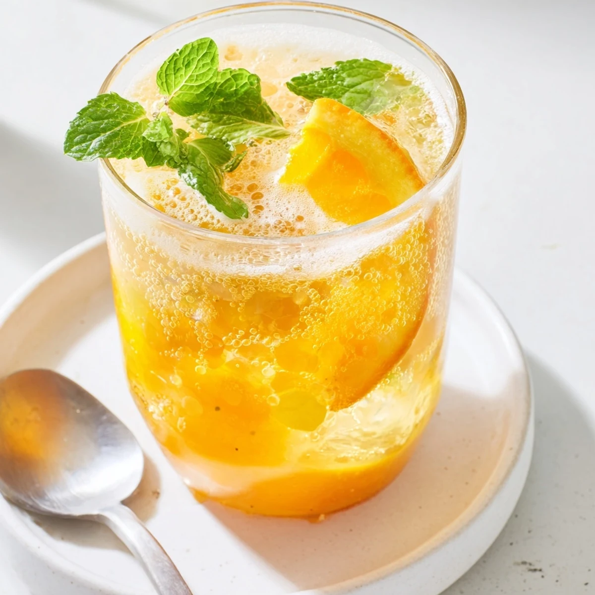 Homemade probiotic soda mocktail in a glass with ice and citrus flavors.  