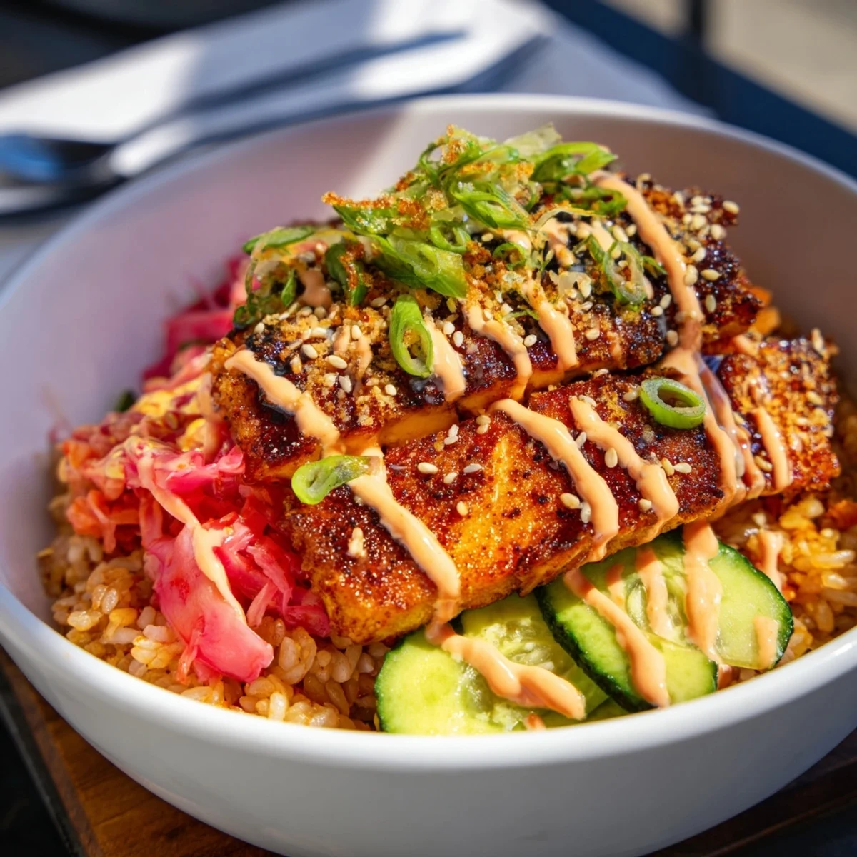 Crispy Salmon Rice Bowl topped with spicy mayo, kimchi, and fresh avocado slices.