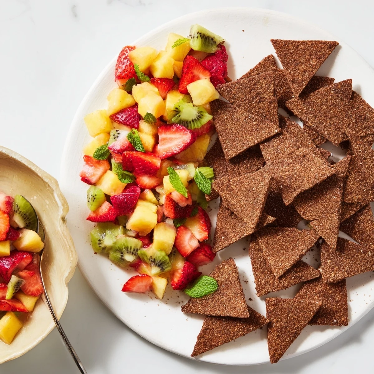 Sweet chocolate tortilla chips accompanied by fresh fruit salsa for delightful dipping.  