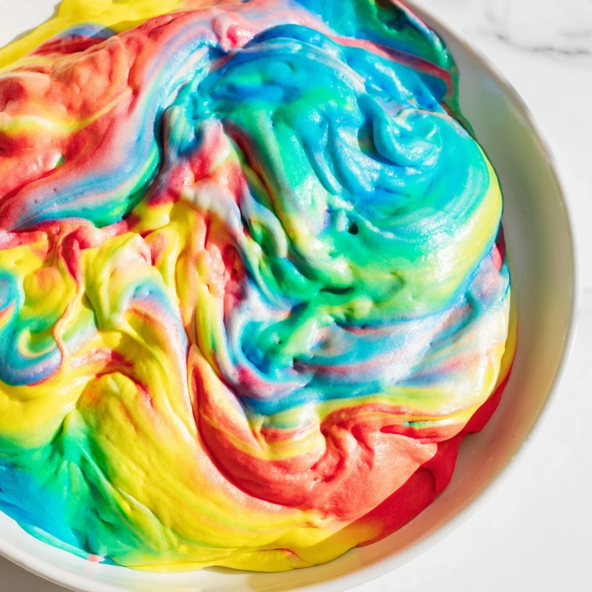 Vibrant rainbow cloud bread displayed on a plate, inviting for any festive occasion.  