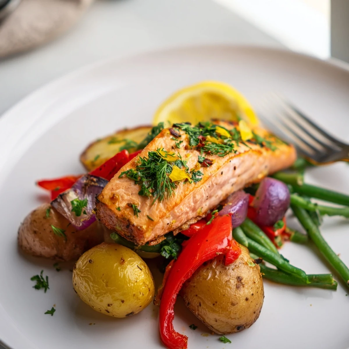 Enjoy flavorful Lemon Herb Salmon & Potato Sheet Pan, bursting with zesty lemon and garlic.
