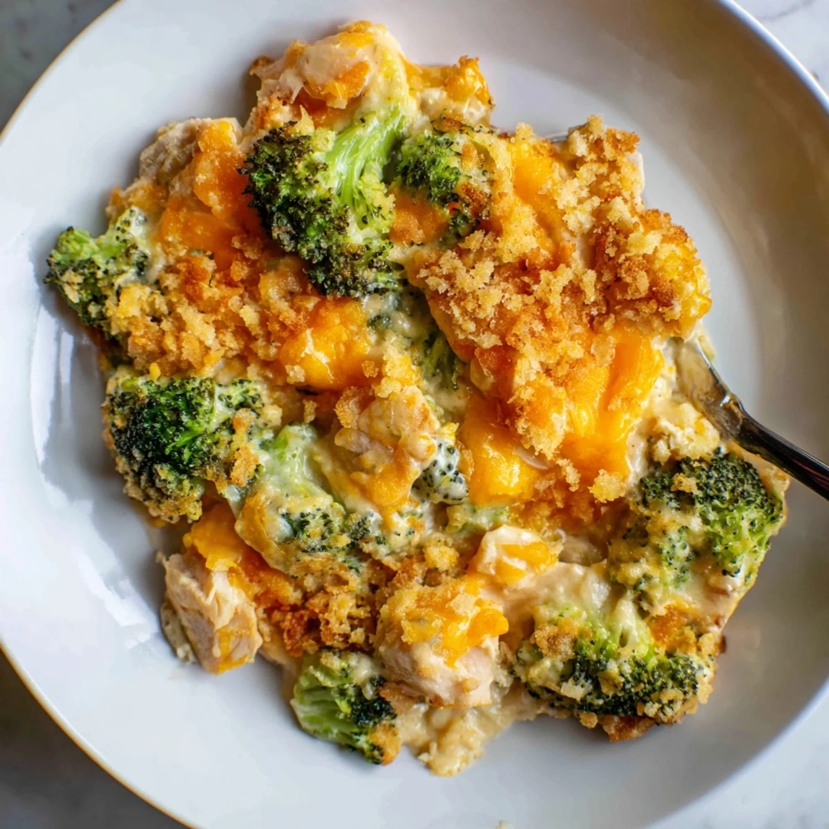 Savory Chicken & Broccoli Cheddar Bake features fresh broccoli and a crispy breadcrumb topping.