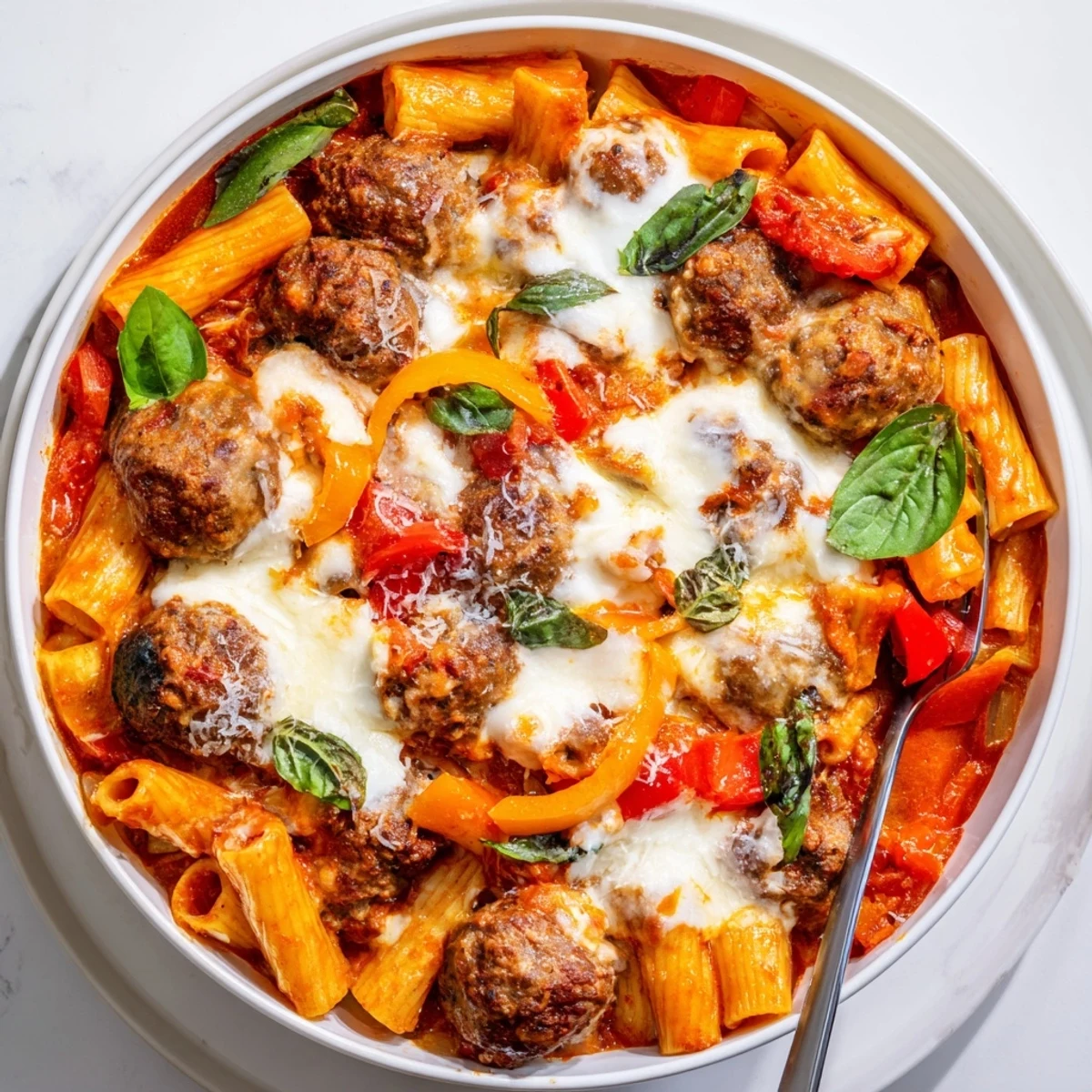 Delicious Italian Meatball Pasta Skillet, topped with melted cheese and fresh basil.  
