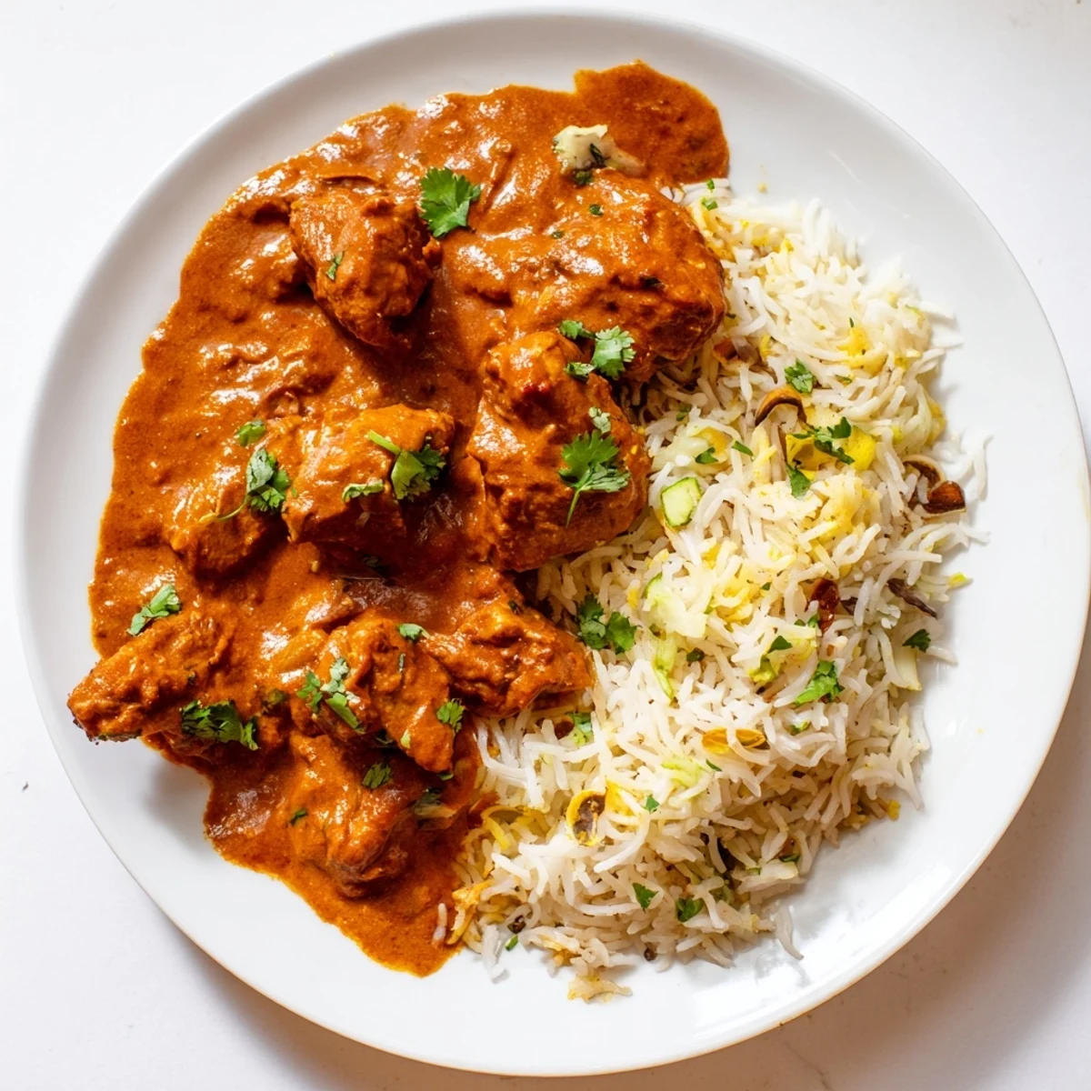 Butter Chicken & Rice Pilaf, rich with creamy sauce and tender chicken, served alongside fragrant basmati rice.