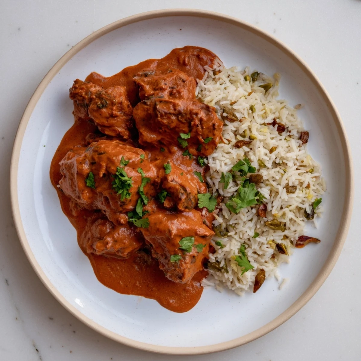 A warm, appealing image of Butter Chicken & Rice Pilaf, a comforting Indian dinner with a side of fluffy rice.