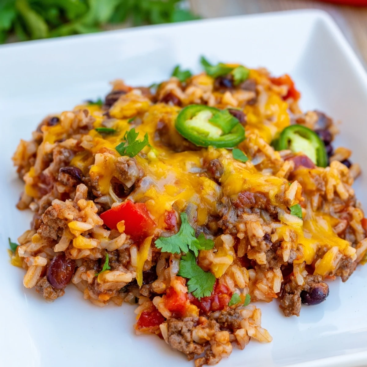 A bubbling, delicious Tex-Mex Beef & Rice Casserole topped with melted cheddar, perfect for a family dinner.
