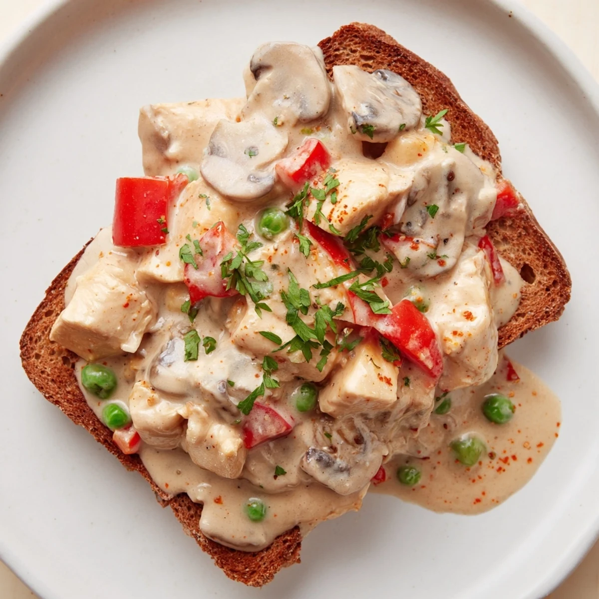 The savory Chicken à la King, featuring tender chicken, fresh veggies and served atop perfect toast.
