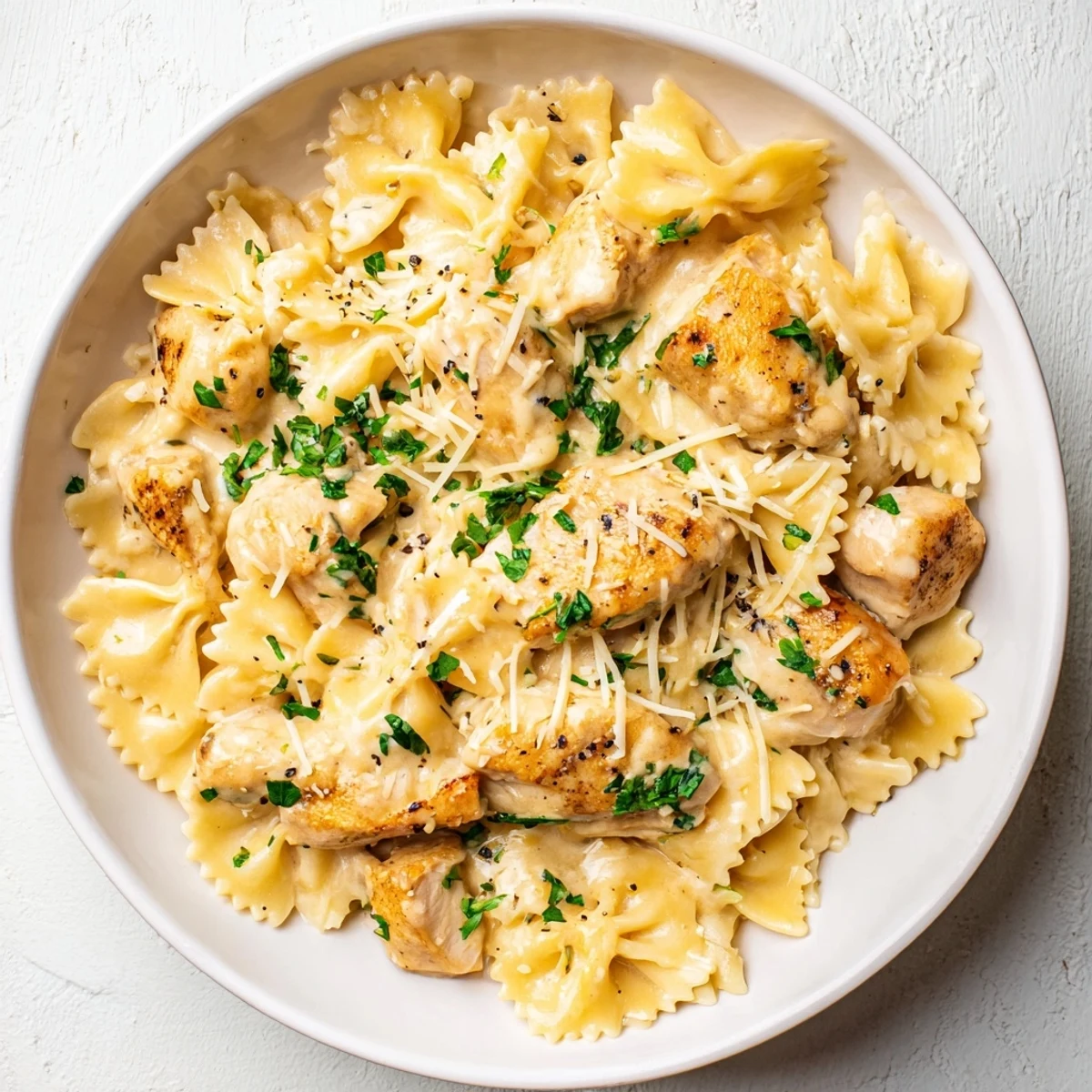 Creamy Mozzarella Garlic Butter Chicken Bowties, a comforting pasta dish with melted cheese and fresh herbs.