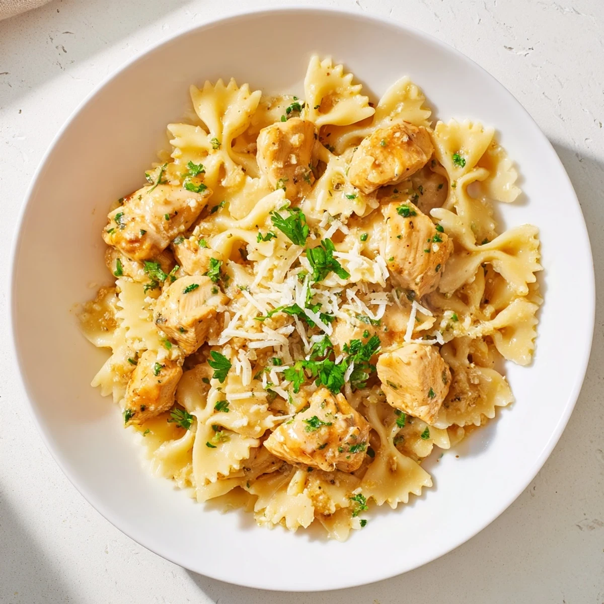 Mouthwatering Mozzarella Garlic Butter Chicken Bowties, a delicious Italian-American main course ready to be enjoyed.