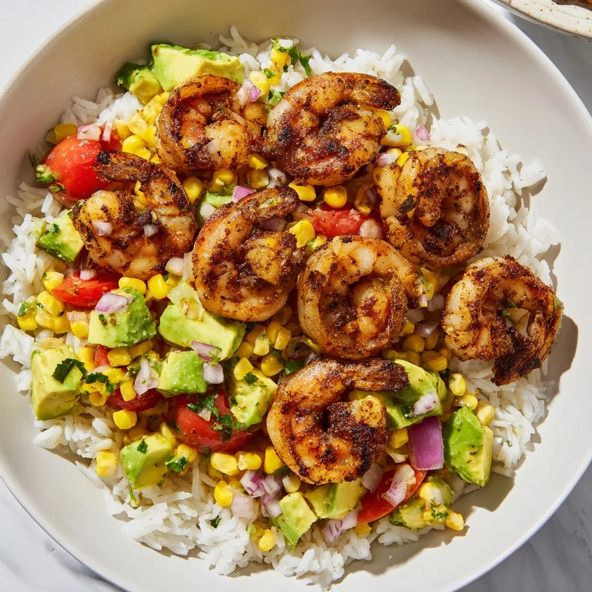 Grilled shrimp bowls, filled with savory shrimp and vibrant salsa, ready for a delicious, healthy meal.