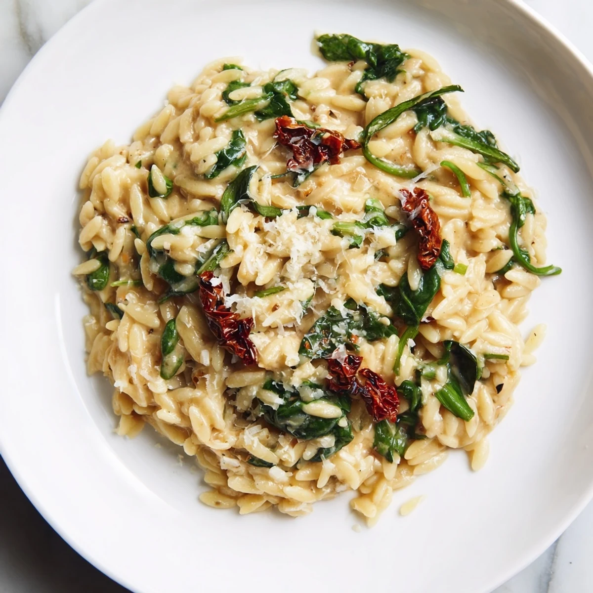 Enjoy a steaming bowl of creamy Tuscan orzo, a vegetarian delight with fresh spinach and garlic.