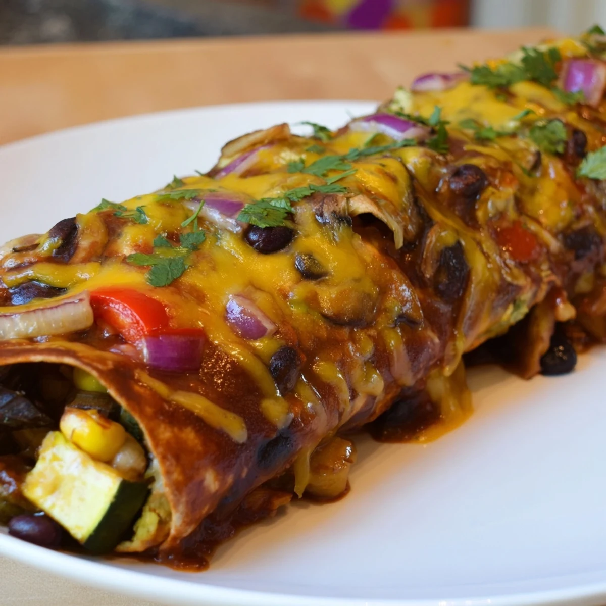 Farmers Market Vegetarian Enchiladas bubbling with cheese and a vibrant, freshly-cooked vegetable filling.