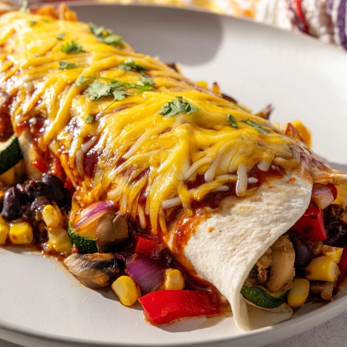 A close-up of cheesy Farmers Market Vegetarian Enchiladas, perfectly baked with optional fresh, vibrant toppings.