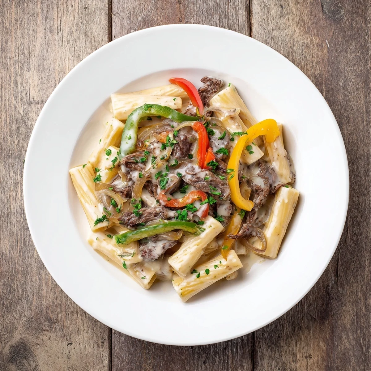 Steaming Philly Cheese Steak Pasta, with visible beef, peppers, onions, and a rich, creamy cheese sauce.