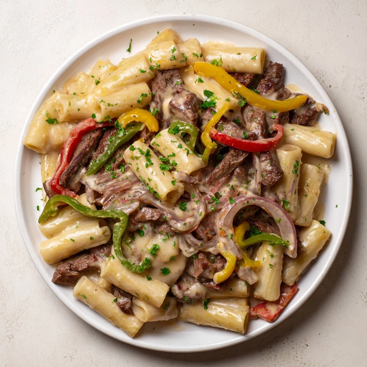 This satisfying bowl of Philly Cheese Steak Pasta has tender beef and colorful vegetables, bathed in cheese.