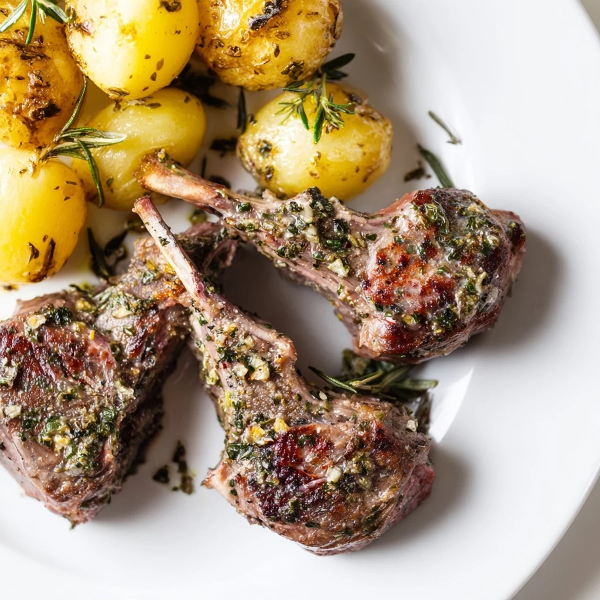 Juicy Herbed Lamb Chops with golden roasted potatoes, a delightful and flavorful dinner entree.