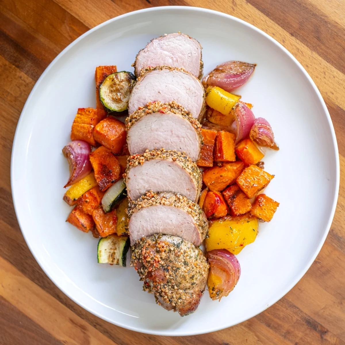 Sizzling close-up of a perfectly cooked roasted garlic pork tenderloin, served with inviting roasted vegetables.