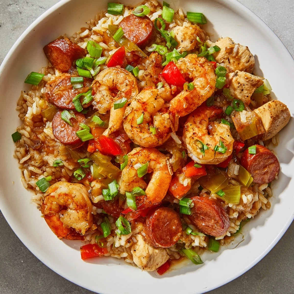 This savory, steaming Cajun Jambalaya rice bowl showcases tender shrimp atop flavorful rice and spices.