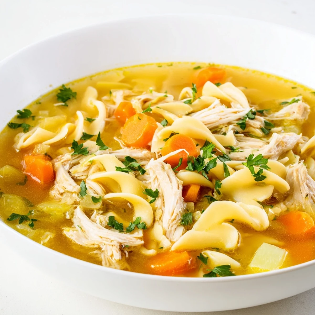 Hearty homemade chicken noodle soup, a classic American comfort food, perfect for cold days.