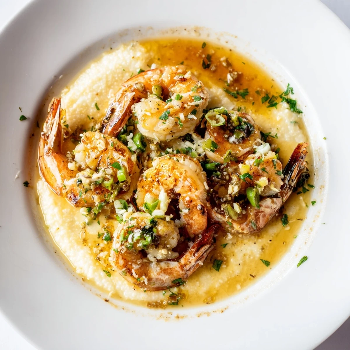 Golden shrimp & grits: Creamy, cheesy grits topped with succulent garlic butter shrimp, a Southern comfort favorite.