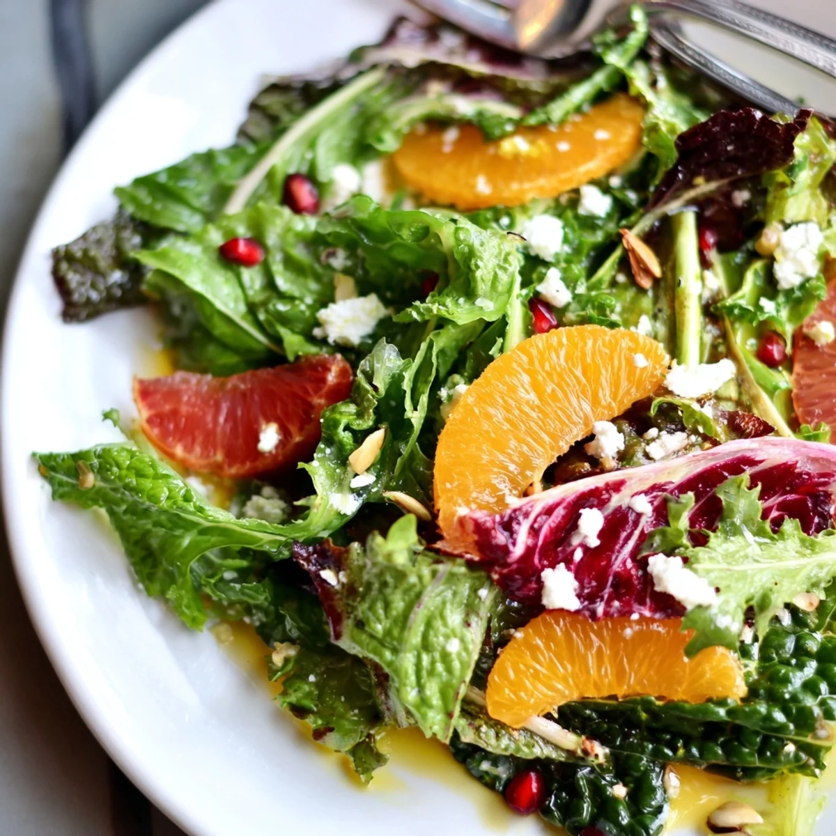 Fresh Winter Greens Salad displaying a colorful mix of citrus, pomegranate seeds, and crunchy toasted nuts.