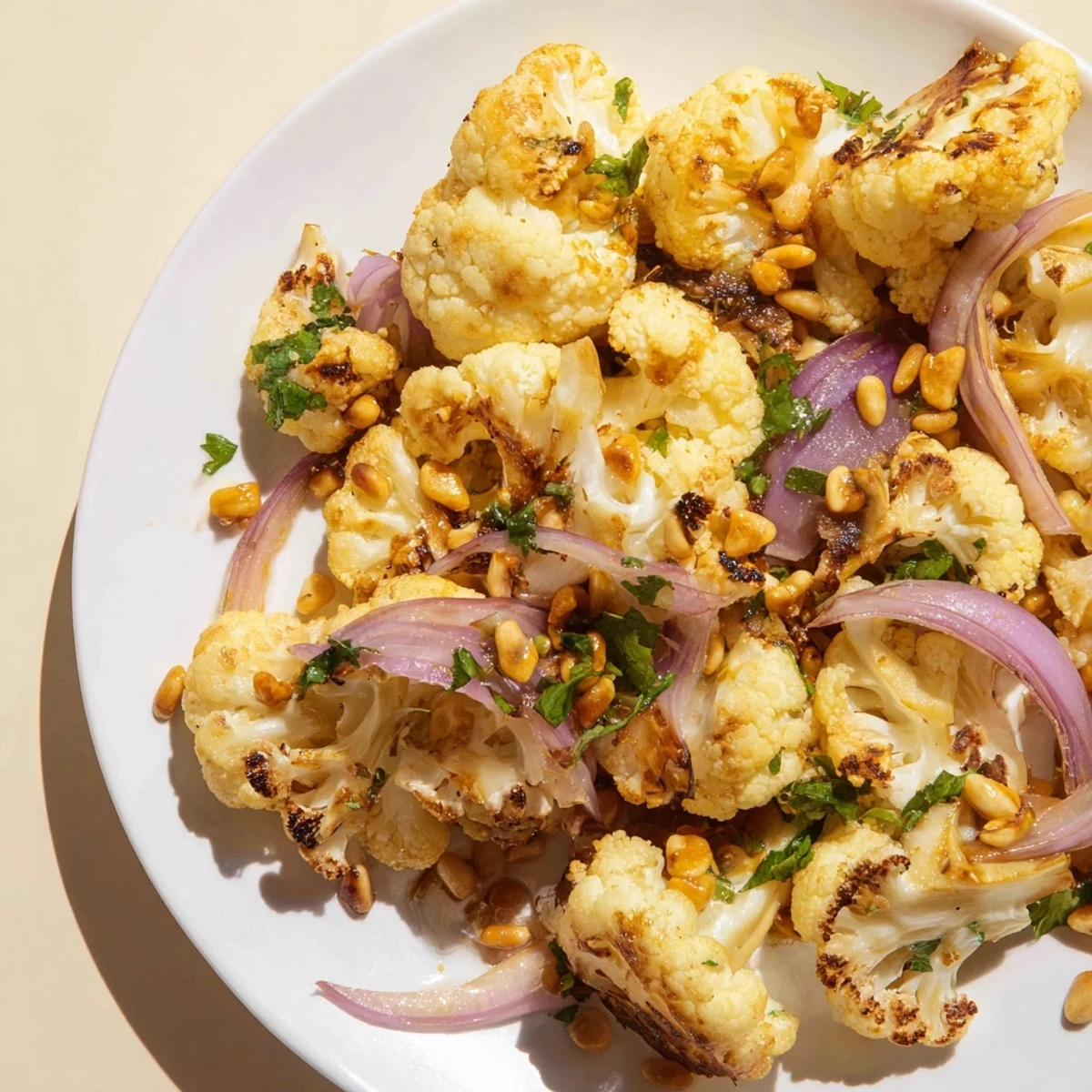 A flavorful Mediterranean meal: warm roasted cauliflower salad, ready to enjoy with a fresh vibe.
