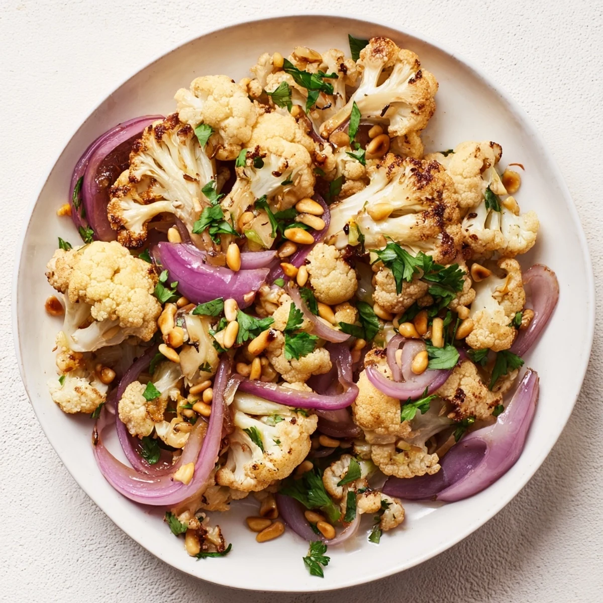 Golden, caramelized roasted cauliflower salad drizzled with a bright lemon pine-nut dressing.