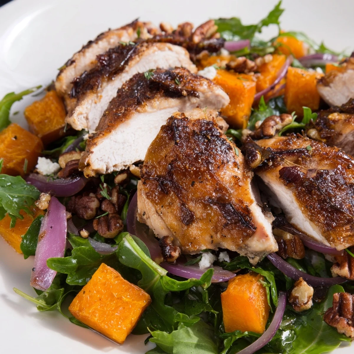 Enjoy a visual of easy Roasted Chicken & Winter Squash Sheet-Pan Salad components beautifully arranged for a flavorful meal.