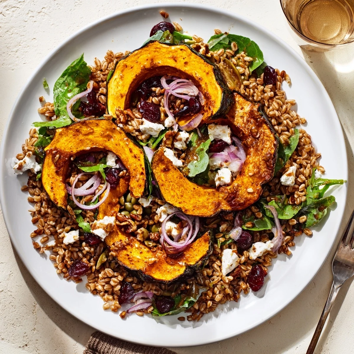 Warm, inviting image of Farro & Mustard Green Salad with maple‑roasted acorn squash, ready to eat.