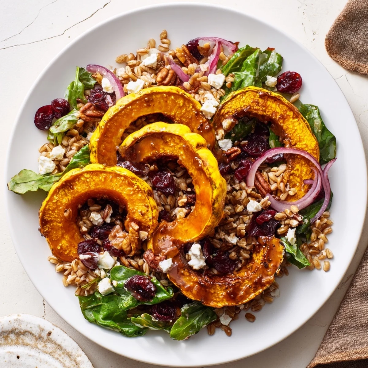 A colorful bowl of Farro & Mustard Green Salad with tender squash, highlighted with a vibrant vinaigrette.