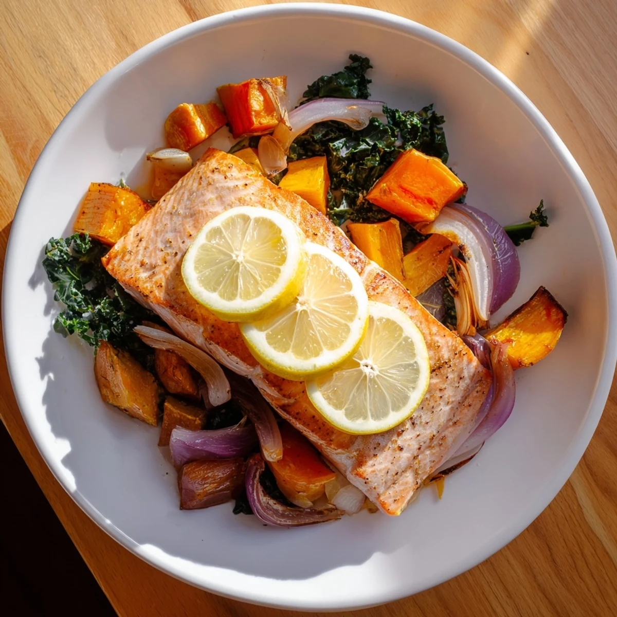 Flaky baked Sheet-Pan Salmon with colorful roasted winter root vegetables, ready to enjoy.