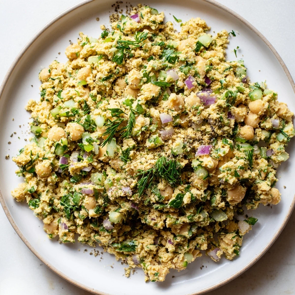Creamy chickpea tuna salad, a colorful vegan sandwich filling made with mashed chickpeas.