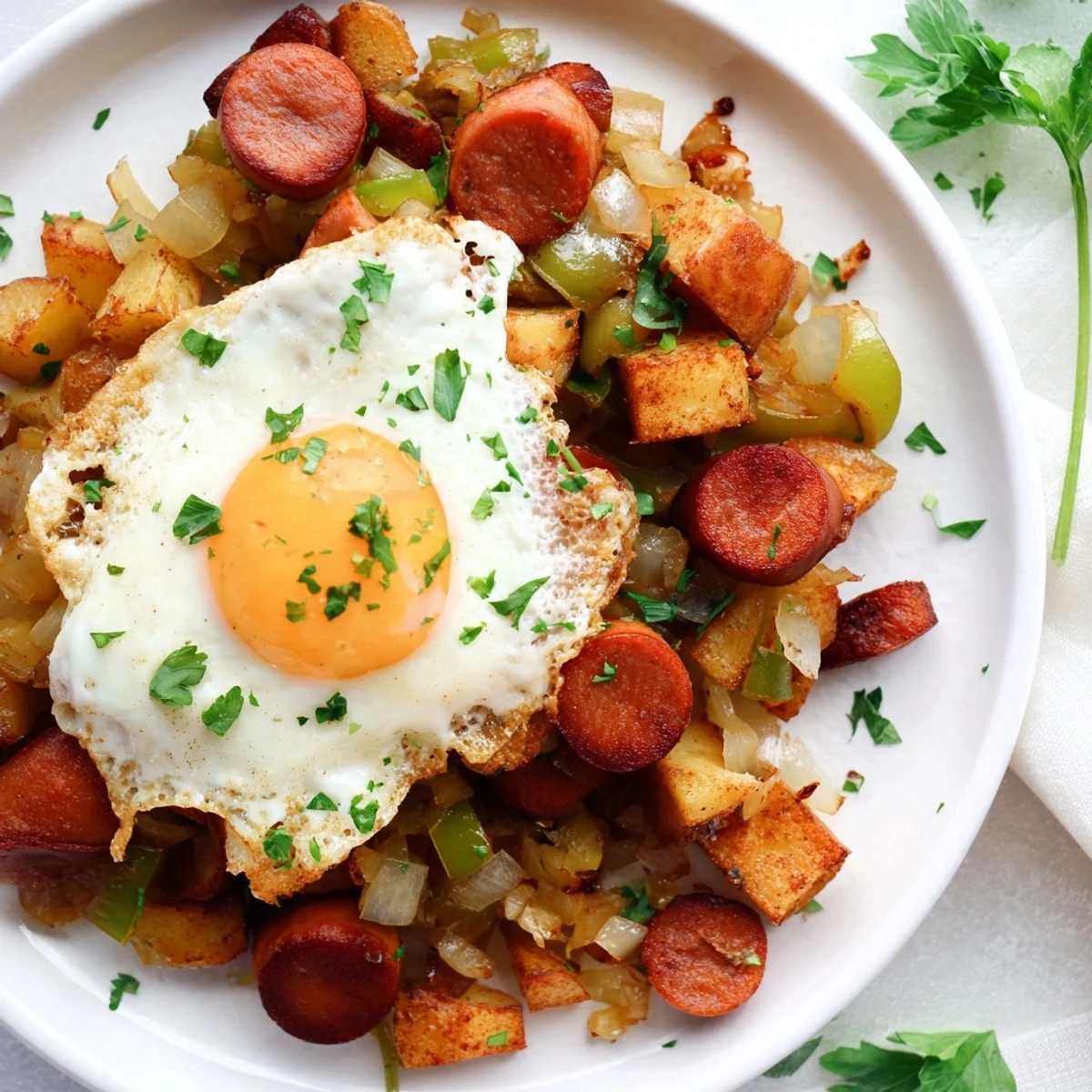 Egg & Potato Hash with Hot Dogs, golden potatoes sizzle beside browned hot dogs and perfectly cooked eggs.