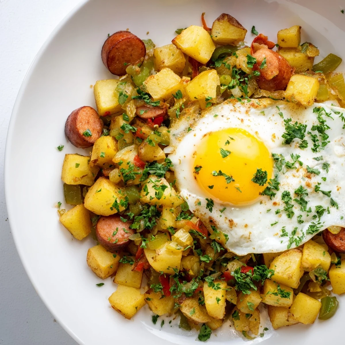 Savory Egg & Potato Hash with Hot Dogs, perfect for morning or dinner: imagine the smoky aroma.