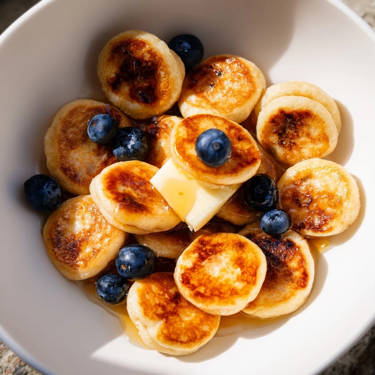 Fluffy mini Pancake Cereal, golden brown and drizzled with sweet maple syrup for breakfast.