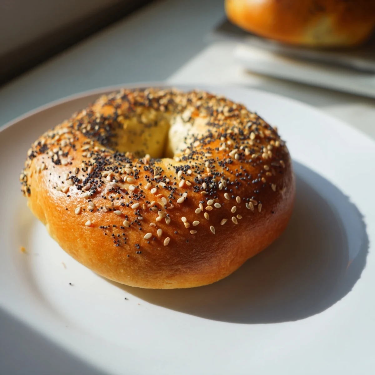 Freshly baked homemade budget bagels, golden and glistening, ready to be enjoyed with cream cheese.