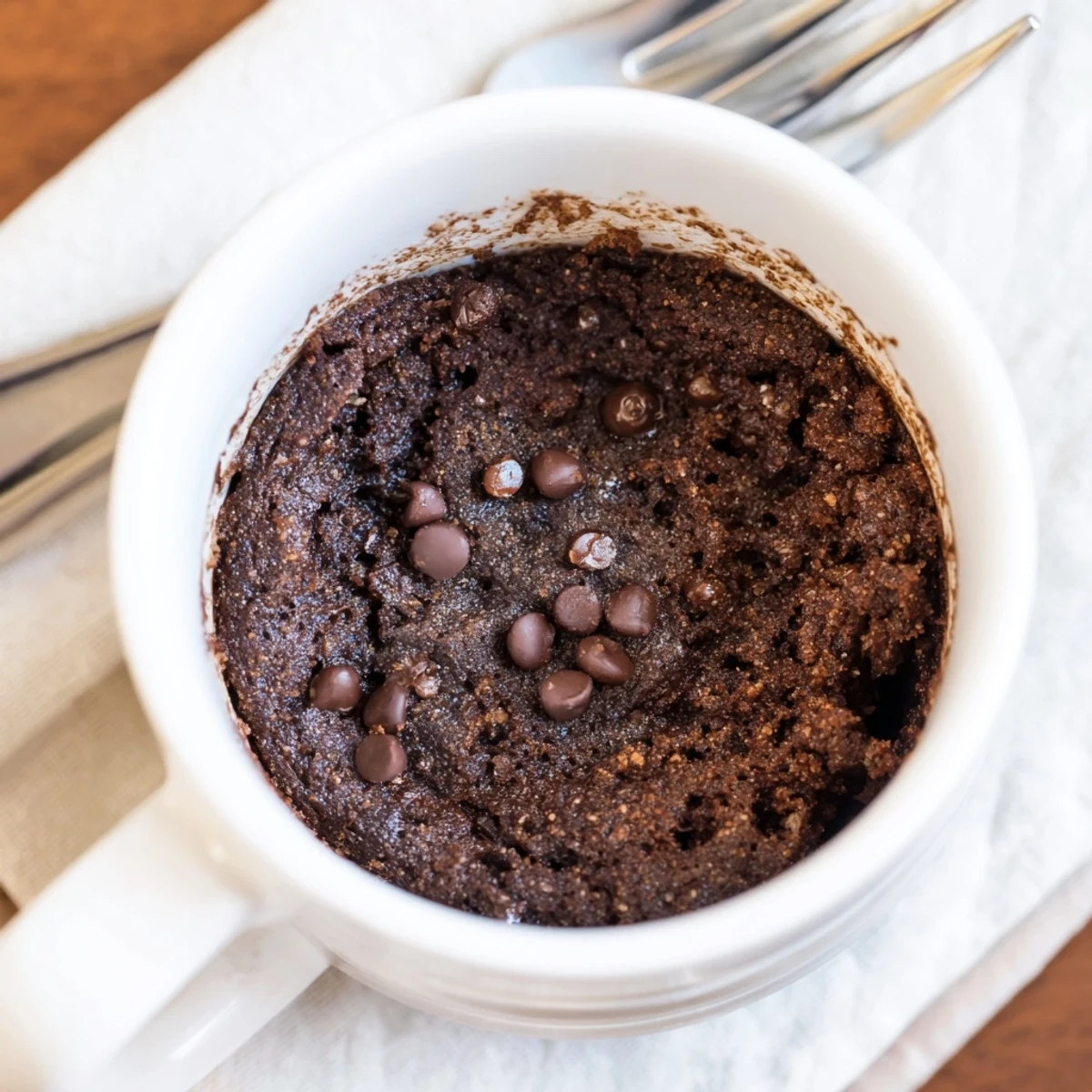 Warm, fluffy microwave mug cake with chocolate chips, ready for a quick and easy treat.