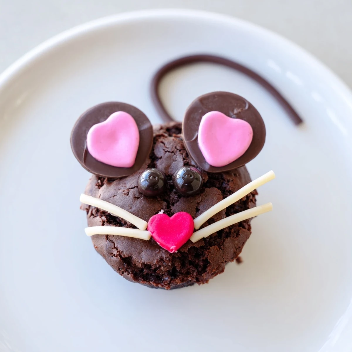 Fudgy Silly Rat Cake Brownie Bites, rich dark chocolate treats, decorated with cute rat faces, ready to eat.