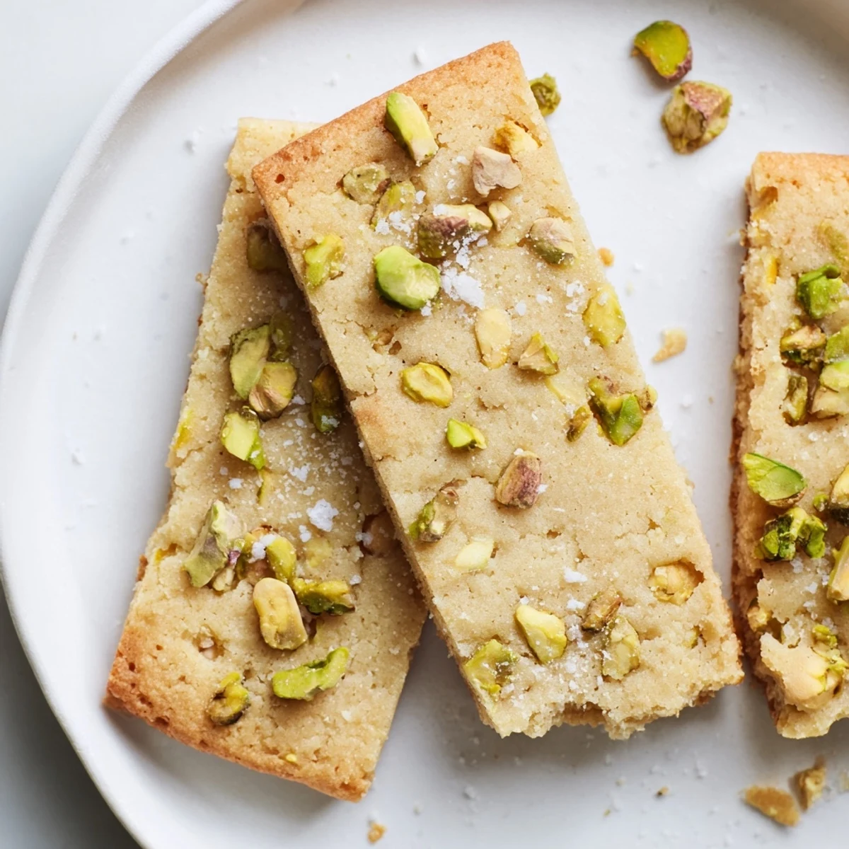 Golden, crackly Salted Pistachio Slice & Bake Shortbread cookies sprinkled with sea salt, ready to enjoy.