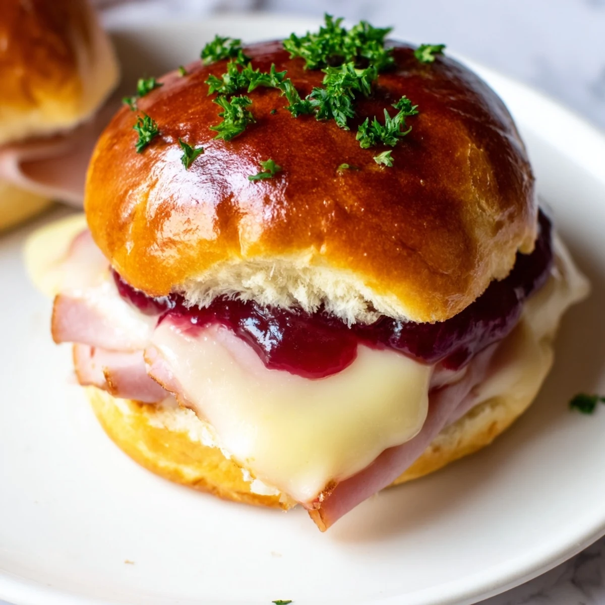 Warm, appetizing Cherry-Glazed Ham and Cheese Sliders fresh from the oven, perfect for a gathering.